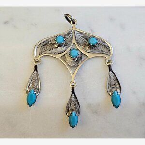 Southwestern Style Silver Tone Faux Turquoise Large Dangle Pendant